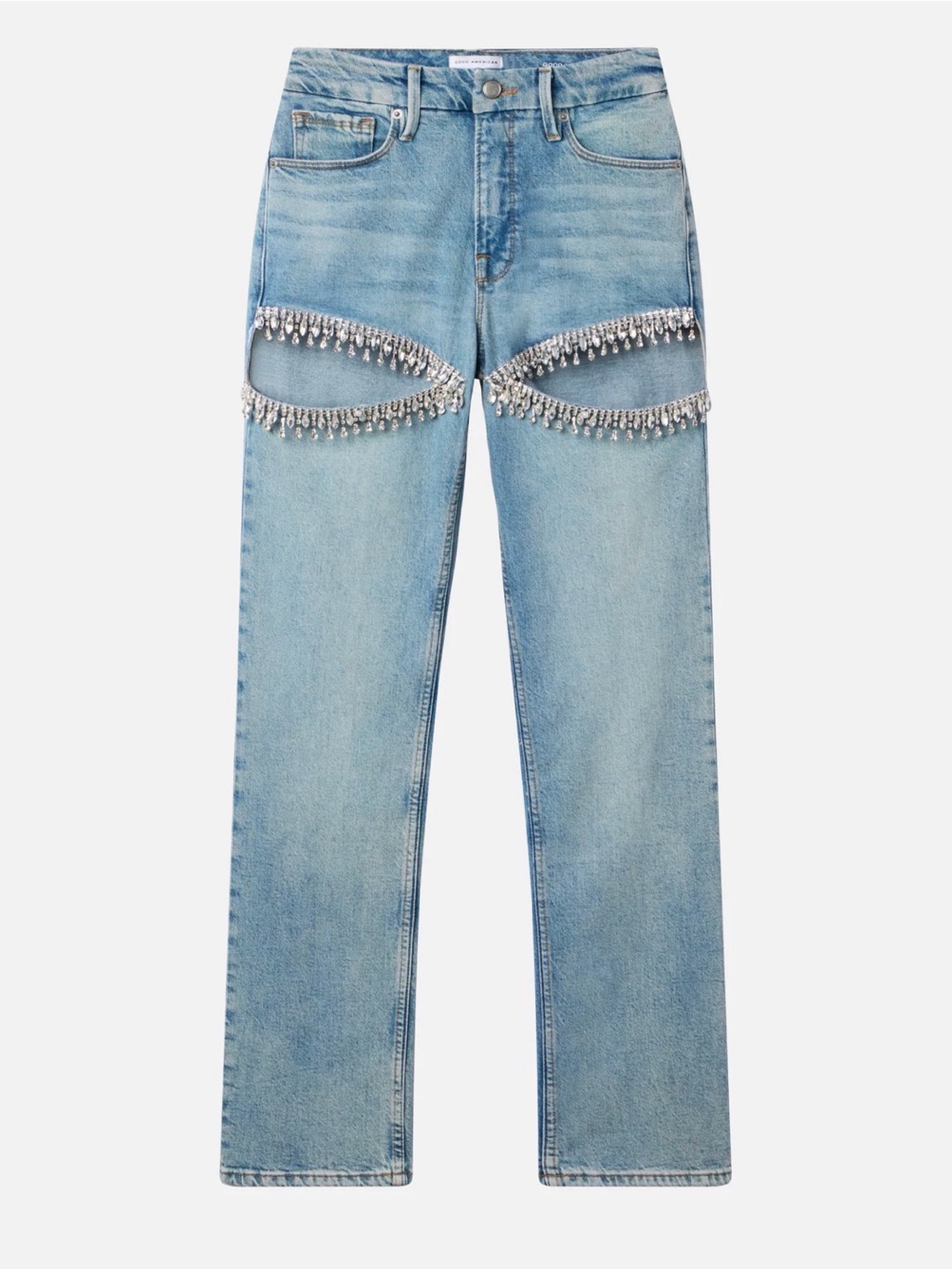 Good American Light Blue Boyfriend Jeans With Rhinestone Cutouts